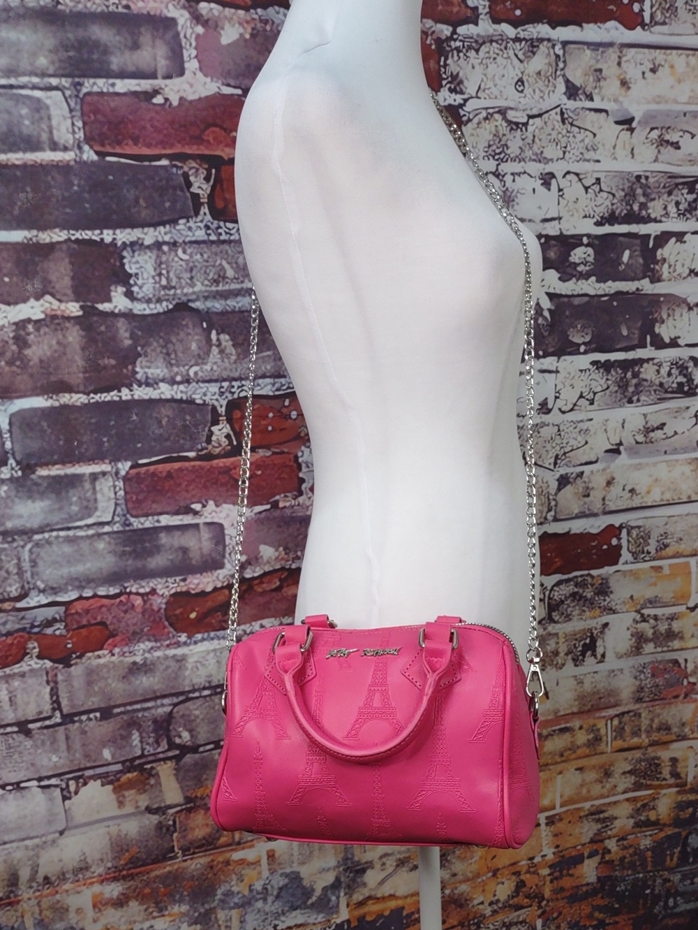 Betsey Johnson "Eiffel Tower" Mini Boston Crossbody Satchel with Chain Strap